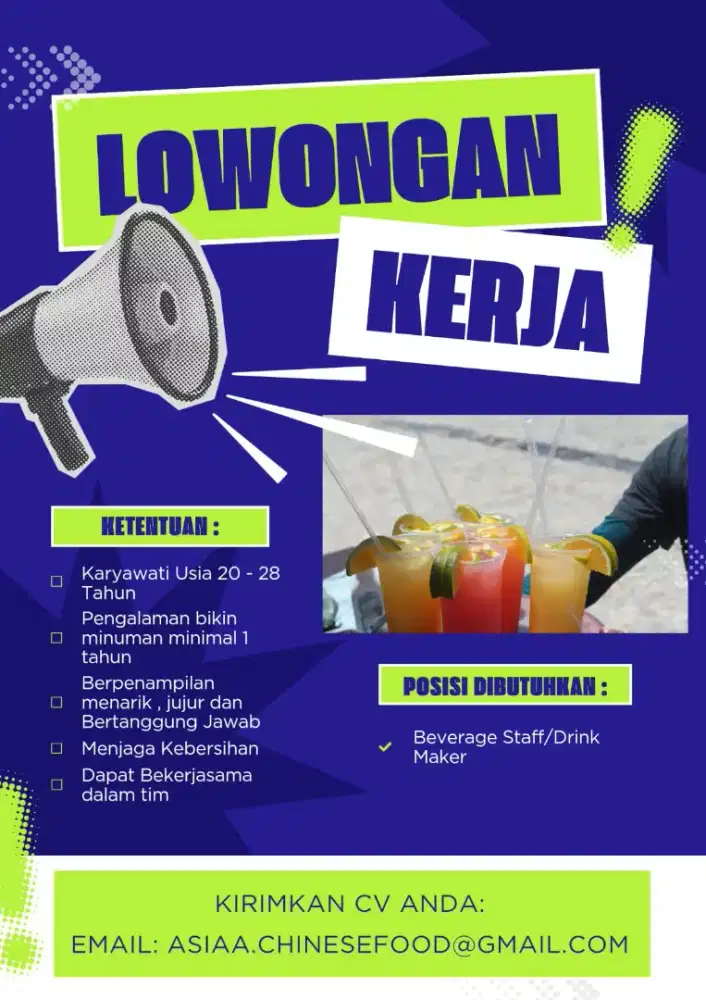 Lowongan kerja karyawati , beverage staff/staf bikin minuman