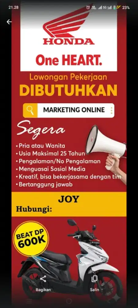 Dibutuhkan marketing honda