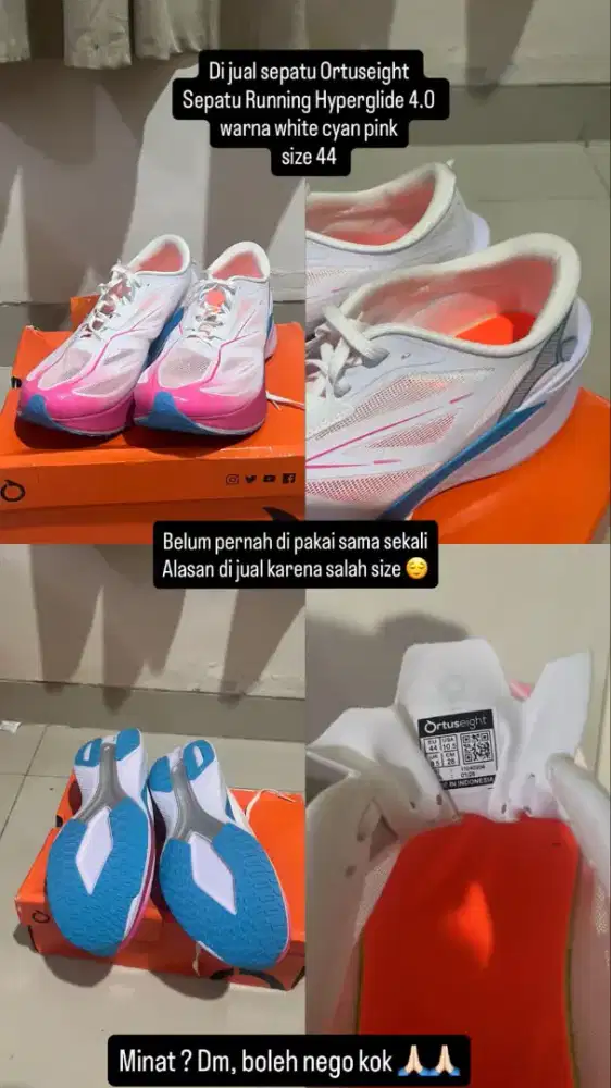 Sepatu Running Ortuseight Hyperglide 4.0
white cyan pink
size 44, Ori