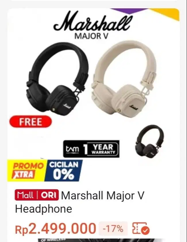 ￼Marshall Major V Bluetooth Headphone Headset Major 5 - Garansi RESMI