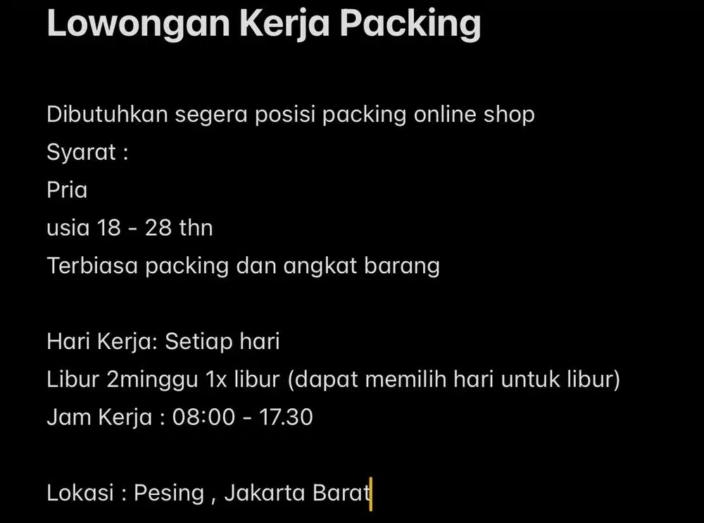 Lowongan kerja pria jakarta barat packing online shop