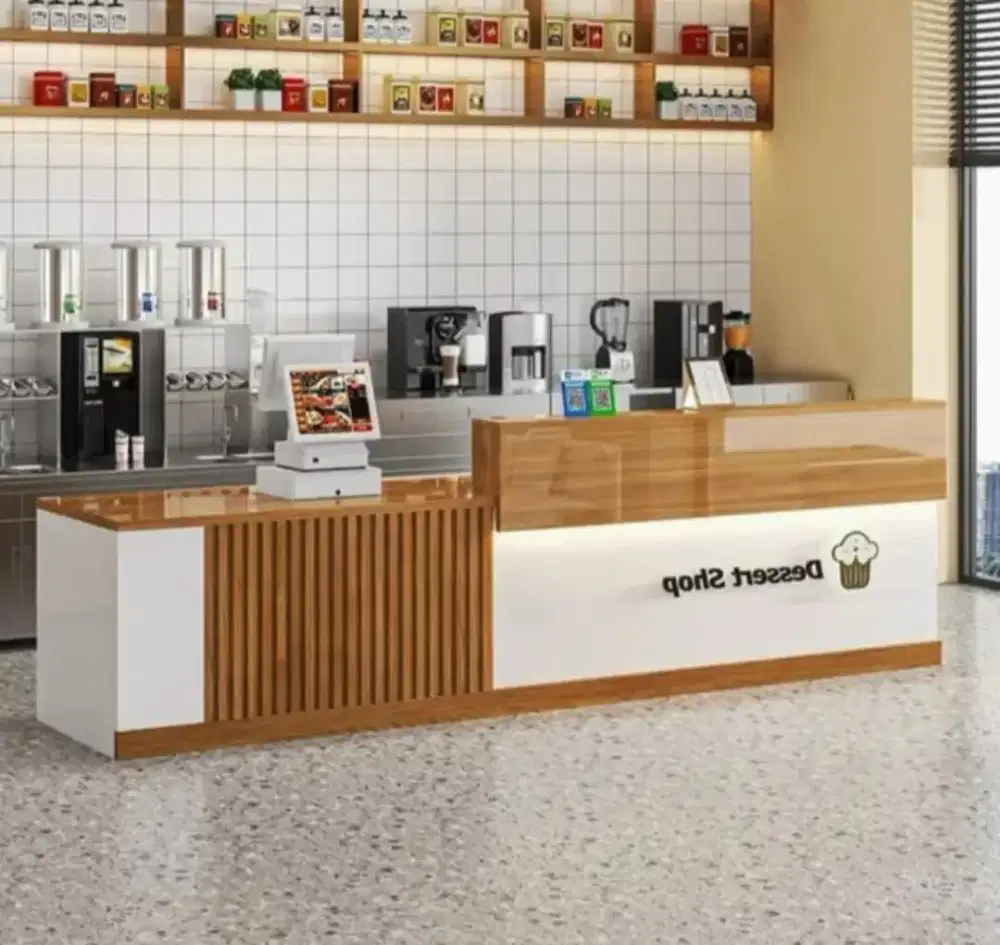 Meja bar, meja granit, rak dinding, rak minuman, rak besi, mezanine