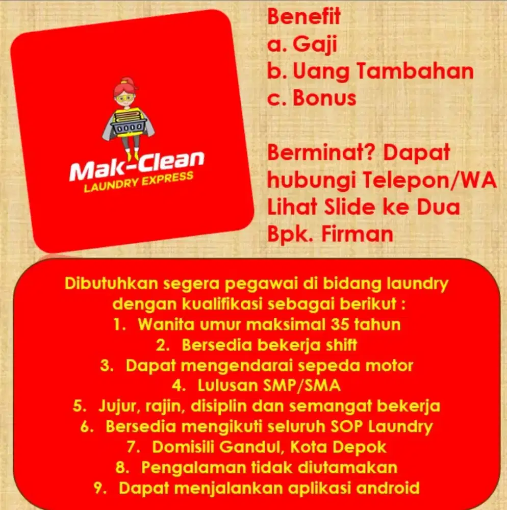 LOWONGAN PEKERJAAN PEGAWAI LAUNDRY