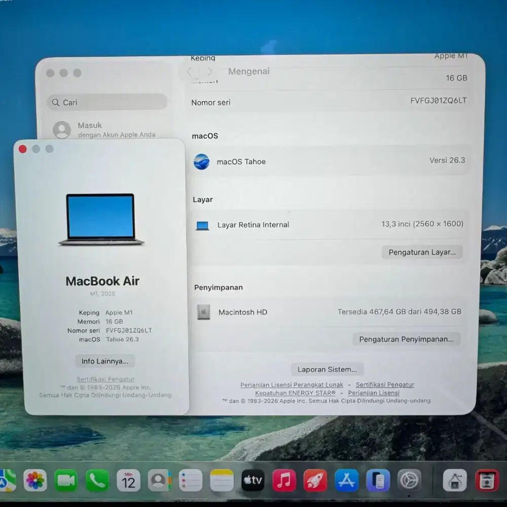 Macbook Air M1 Ram 16 Ssd 512 Layar 13 inch Full set Space Grey