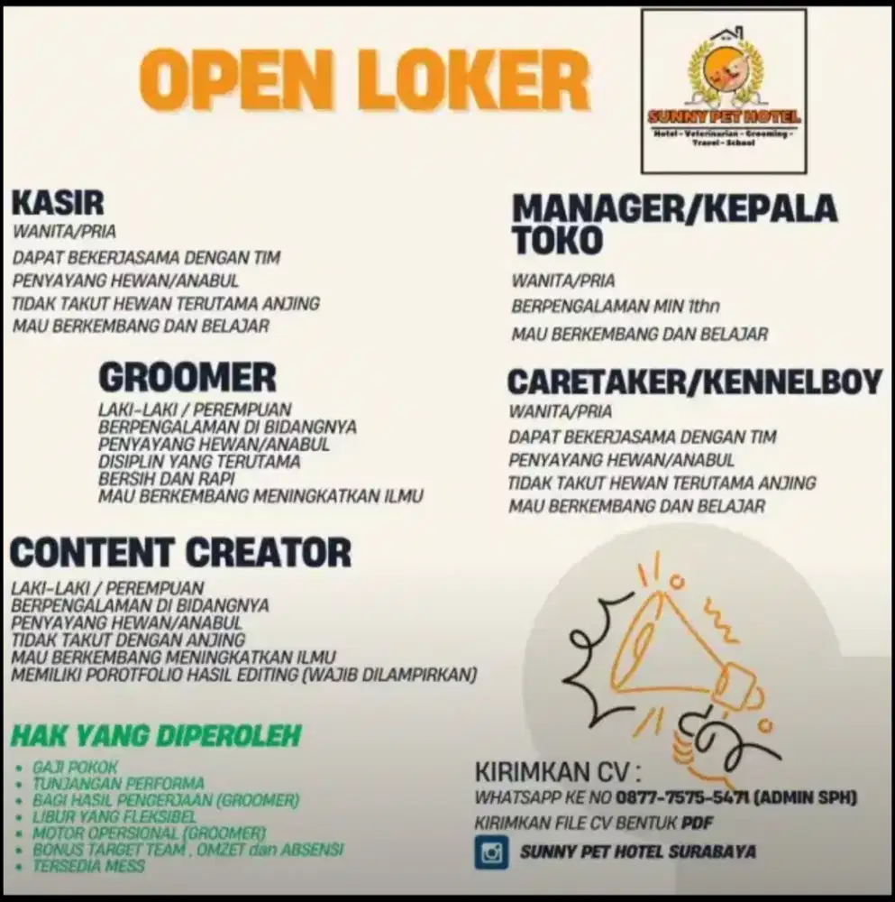 Di cari caretaker kasir dan groomer pengalaman