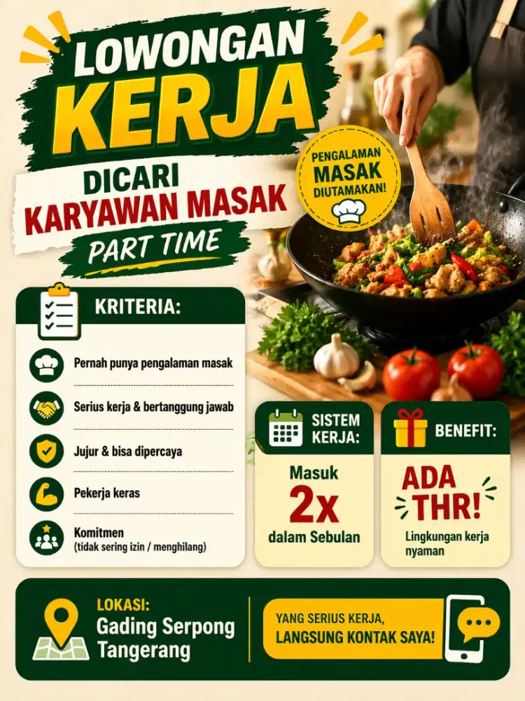 DICARI KARYAWAN MASAK – SERIUS & KOMITMEN