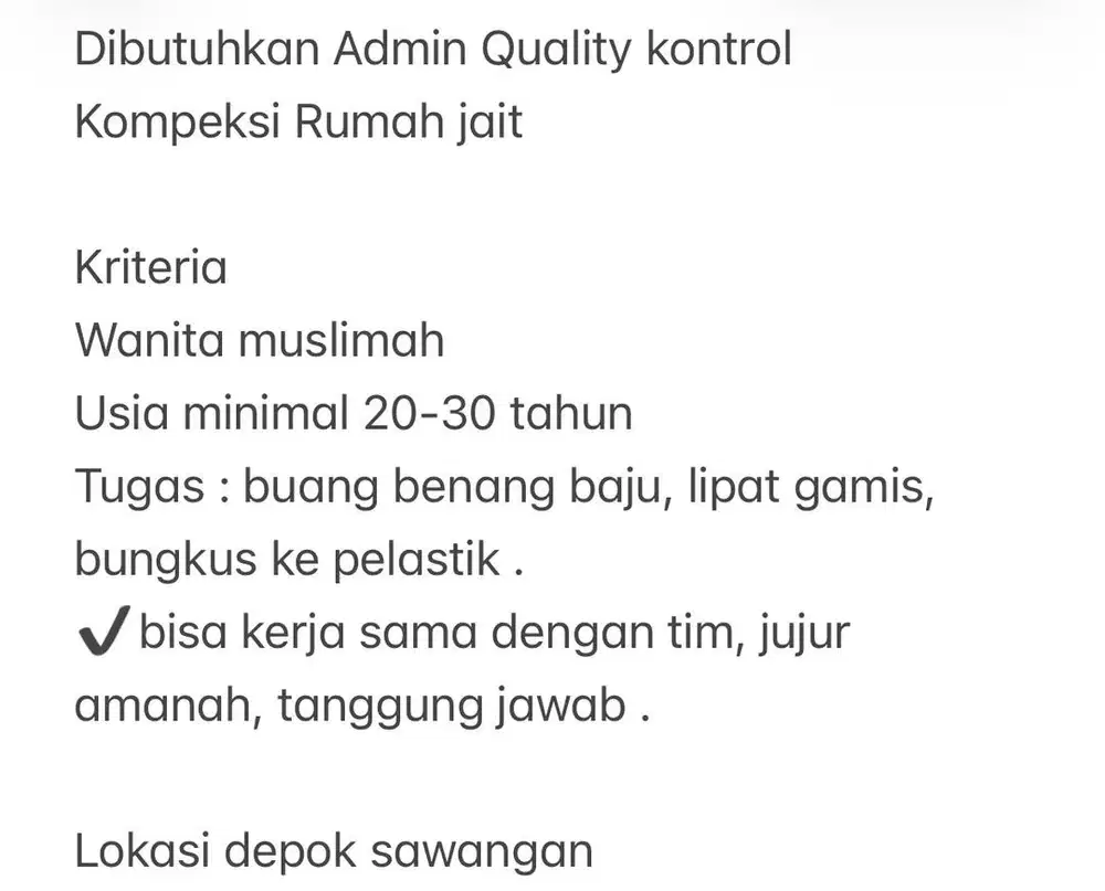 Dibutuhkan Admin Quality Control (QC)