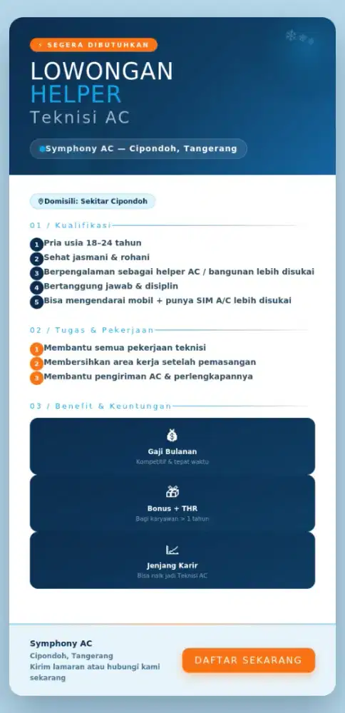 Lowongan kerja helper teknisi AC domisili Cipondoh Tangerang