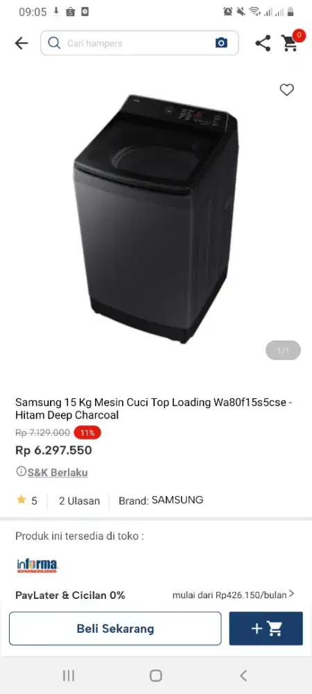 Samsung mesin cuci toploading 15kg