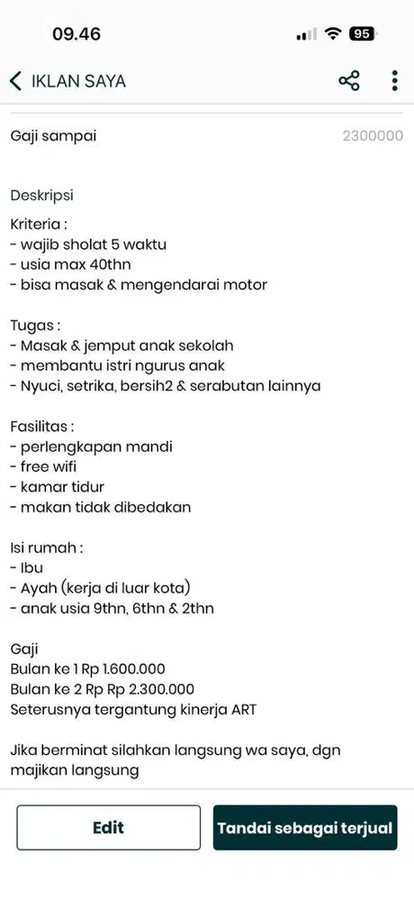 Dibutuhkan segera ART nginap wilayah Bekasi