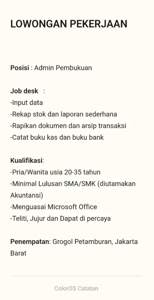 Lowongan Pekerjaan Admin Office