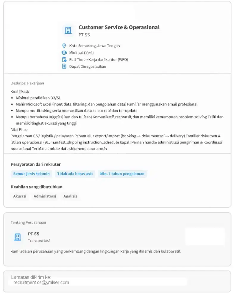 Loker CS & Operasional -- PT SS