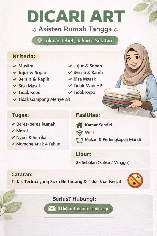 DICARI ASISTEN RUMAH TANGGA