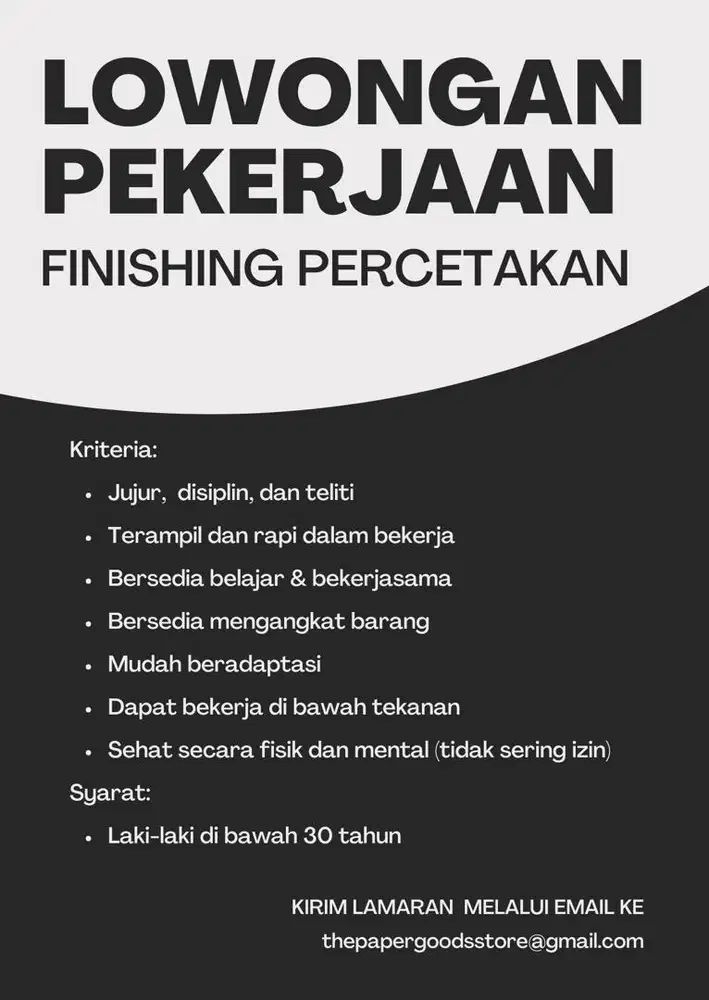 LOWONGAN FINISHING PERCETAKAN