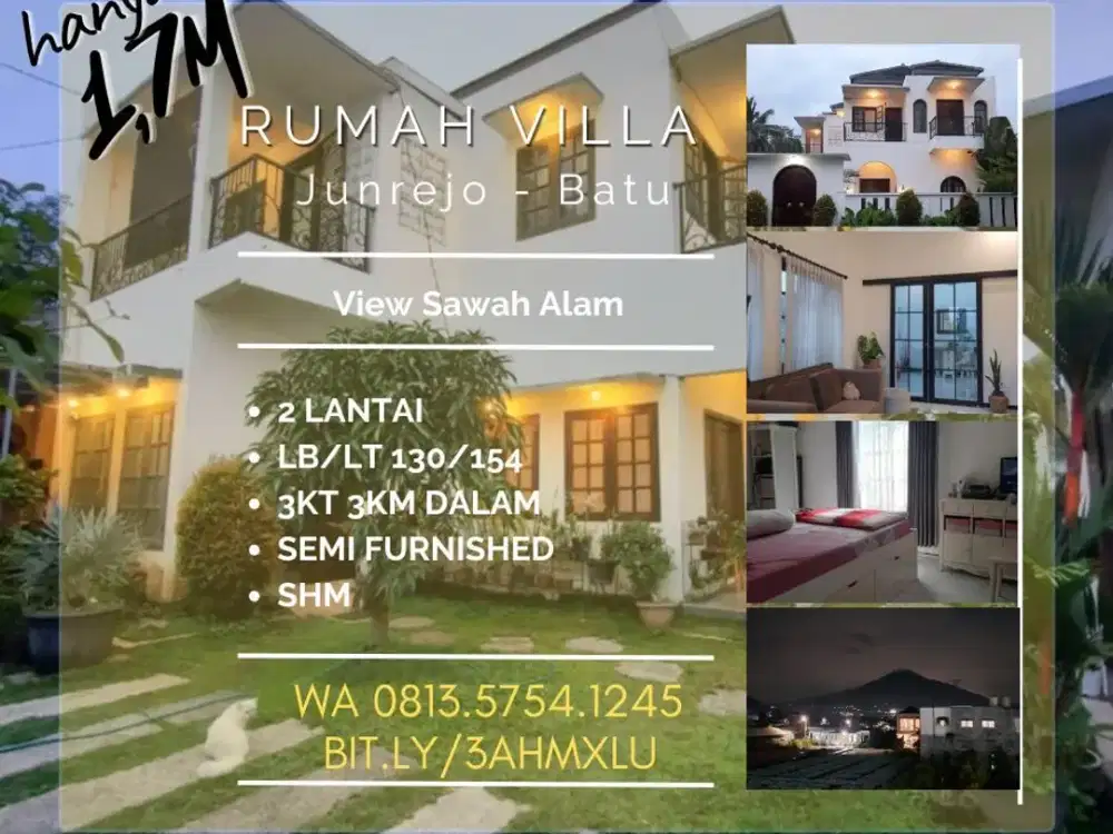 Rumah Villa dijual junrejo Batu 2LT 3KT LT155 semi furnished 1,7M