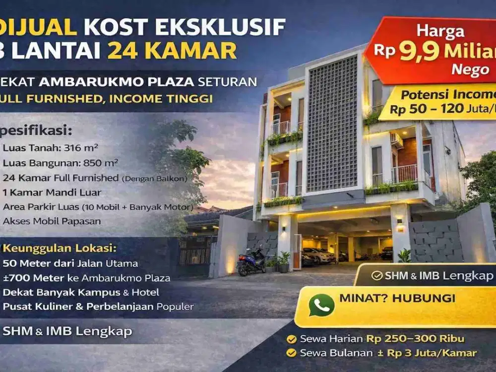 Kost Eksklusif 3 Lantai 24 Kamar di Seturan Dekat Ambarukmo Plaza – Full Furnished, Income Tinggi