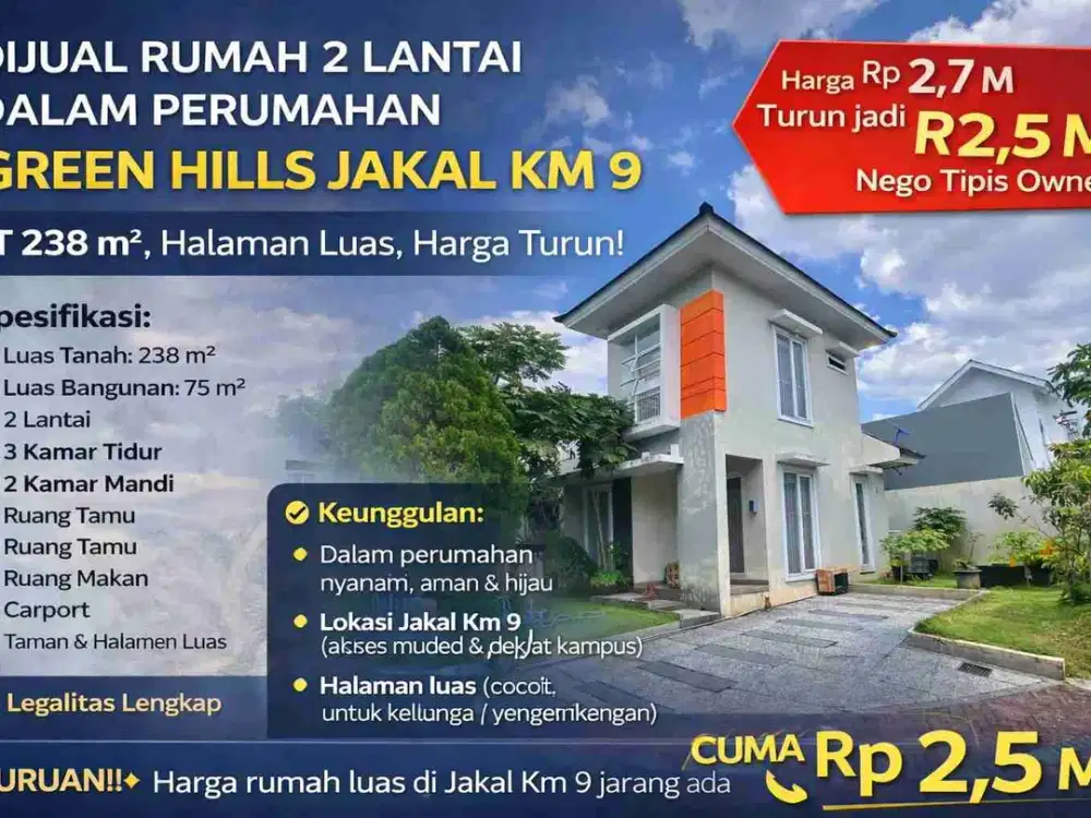 Rumah 2 Lantai Dalam Perumahan Green Hills Jakal Km 9 – LT 238 m², Halaman Luas, Harga Turun!