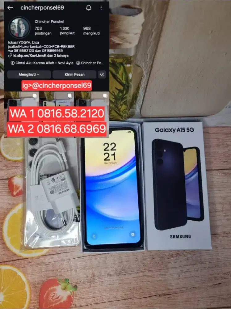 Jual hp likenew SAMSUNG A15 5g 8/256 istimewa free adaptor dan case