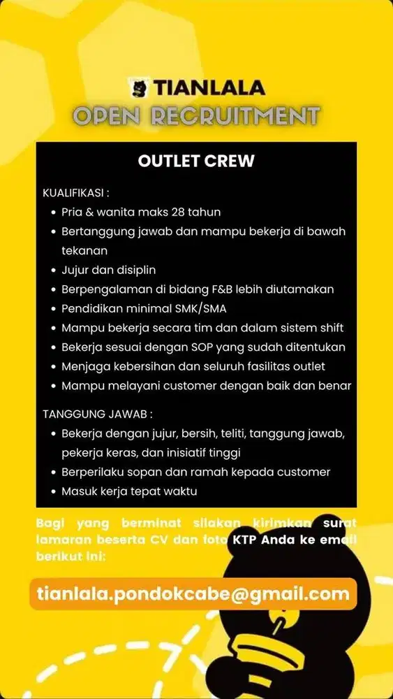 WE ARE HIRING OUTLET CREW TIANLALA PONDOK CABE