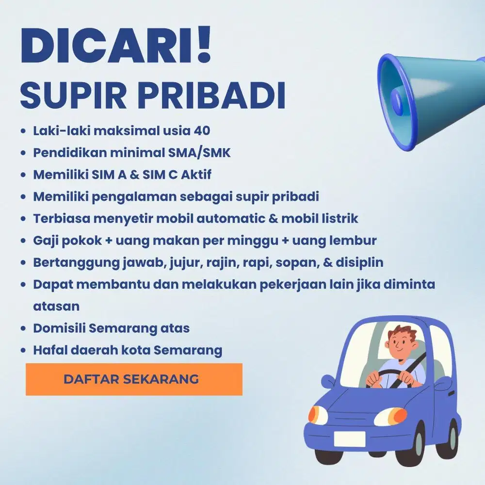 Dibutuhkan Supir Pribadi Driver Sopir
