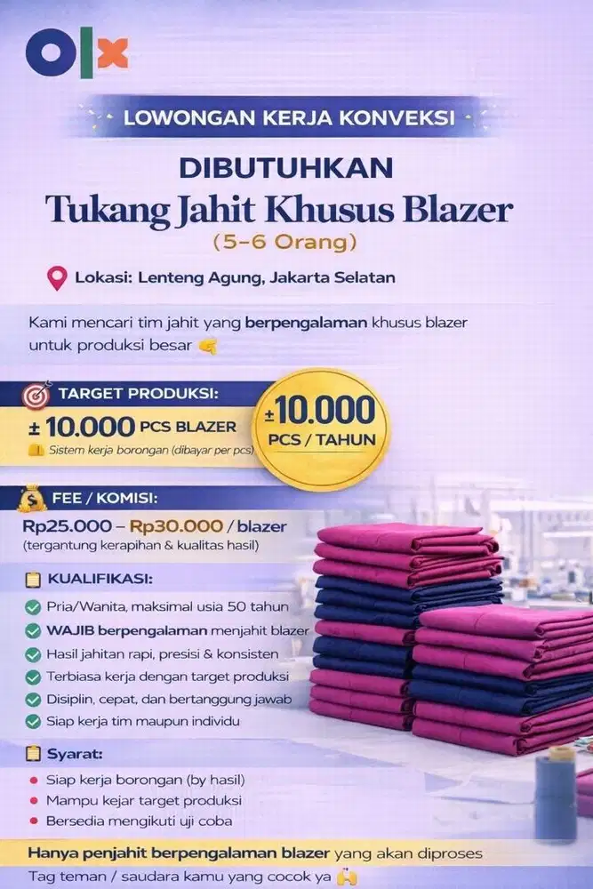 Dibutuhkan Tukang Jahit Borongan