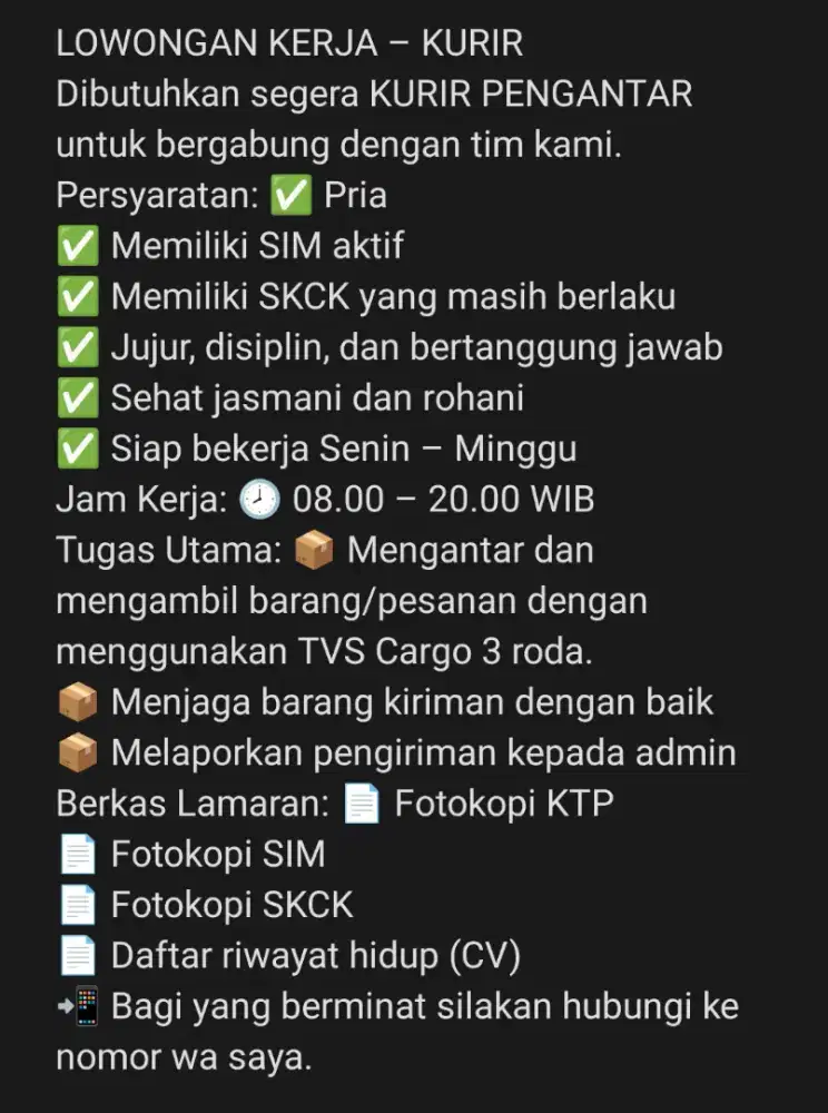 Lowongan kurir antar jemput barang konsumen