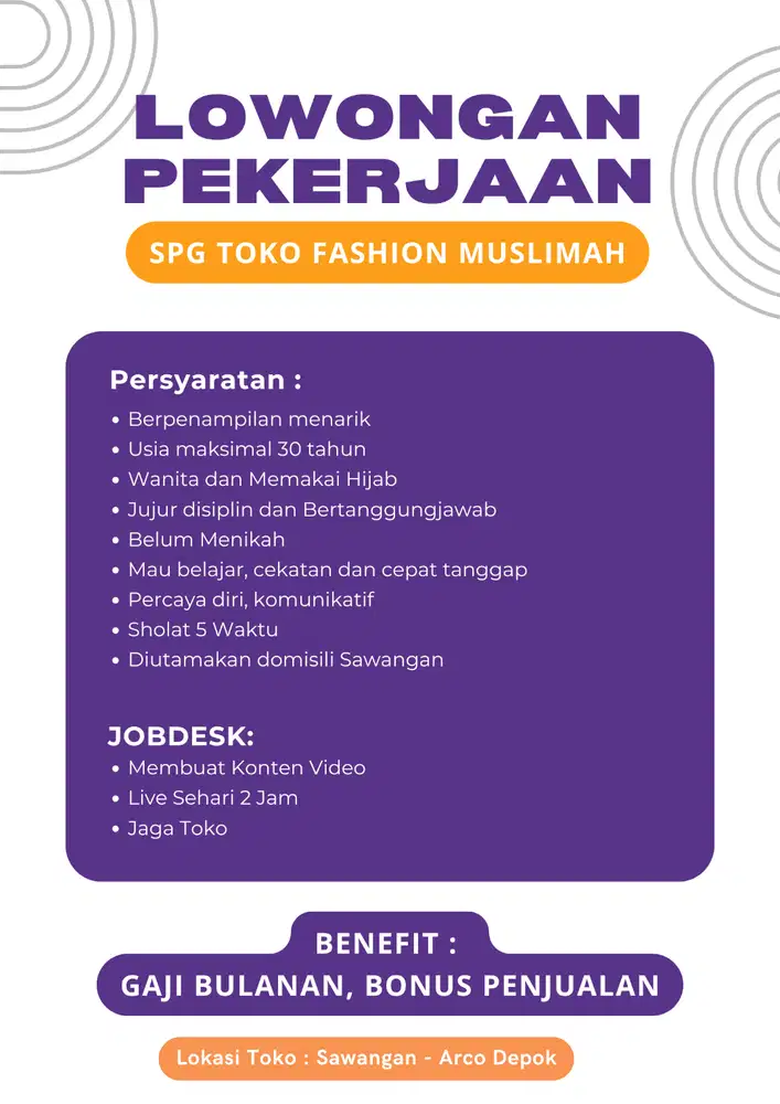 LOWONGAN SPG TOKO FASHION MUSLIMAH SAWANGAN DEPOK