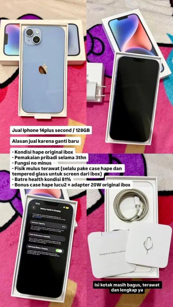 Jual Iphone 14plus second / 128GB + adapter 20W resmi ibox