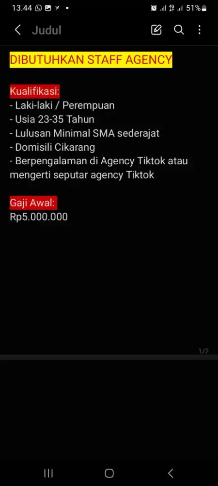 Dibutuhkan Staff Agency