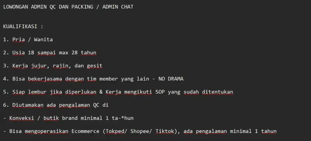 LOWONGAN ADMIN QC