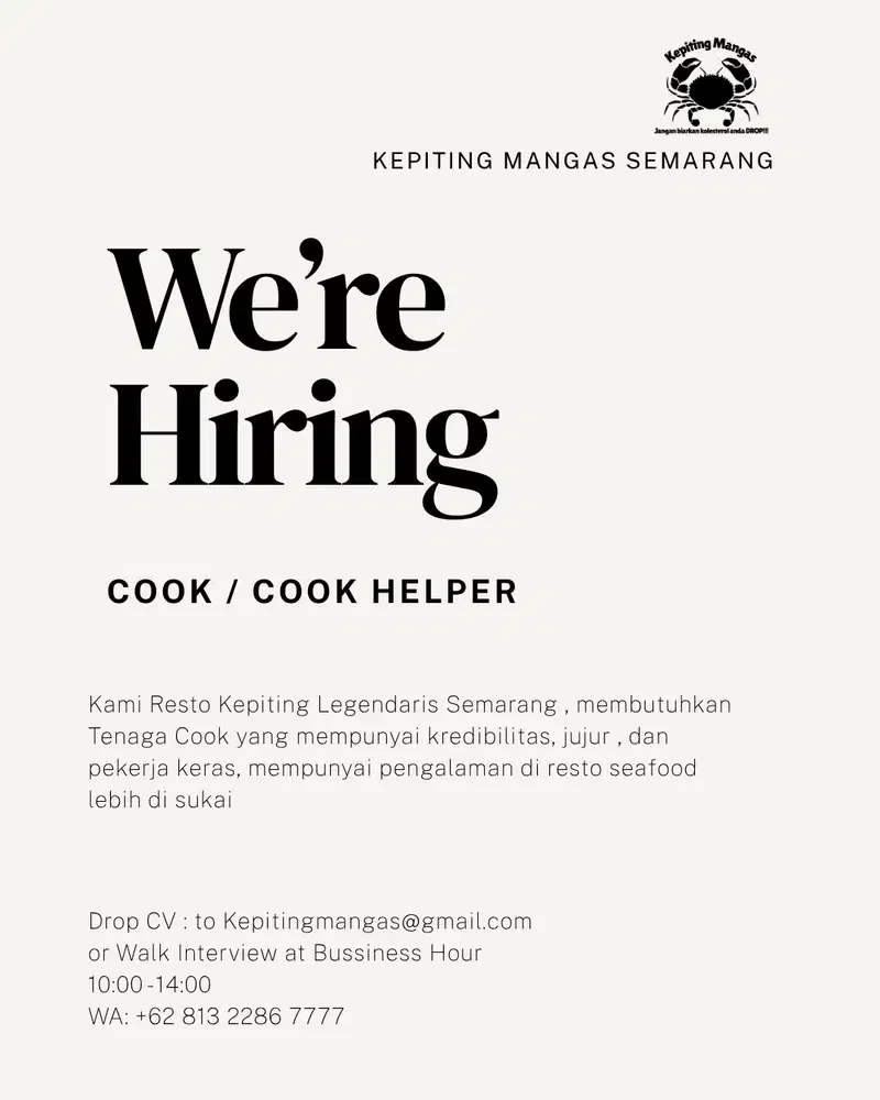 Lowongan COOK , area Semarang