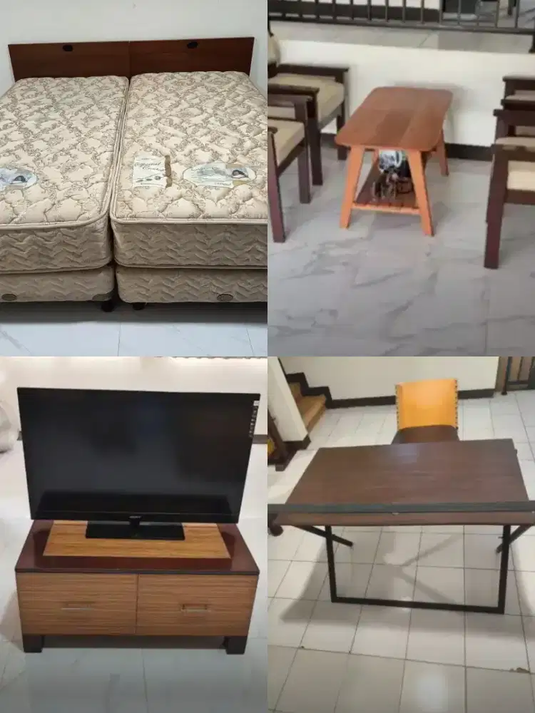 Dua kasur King Koil Single+Dipan+lemari TV+Kursi sofa+meja