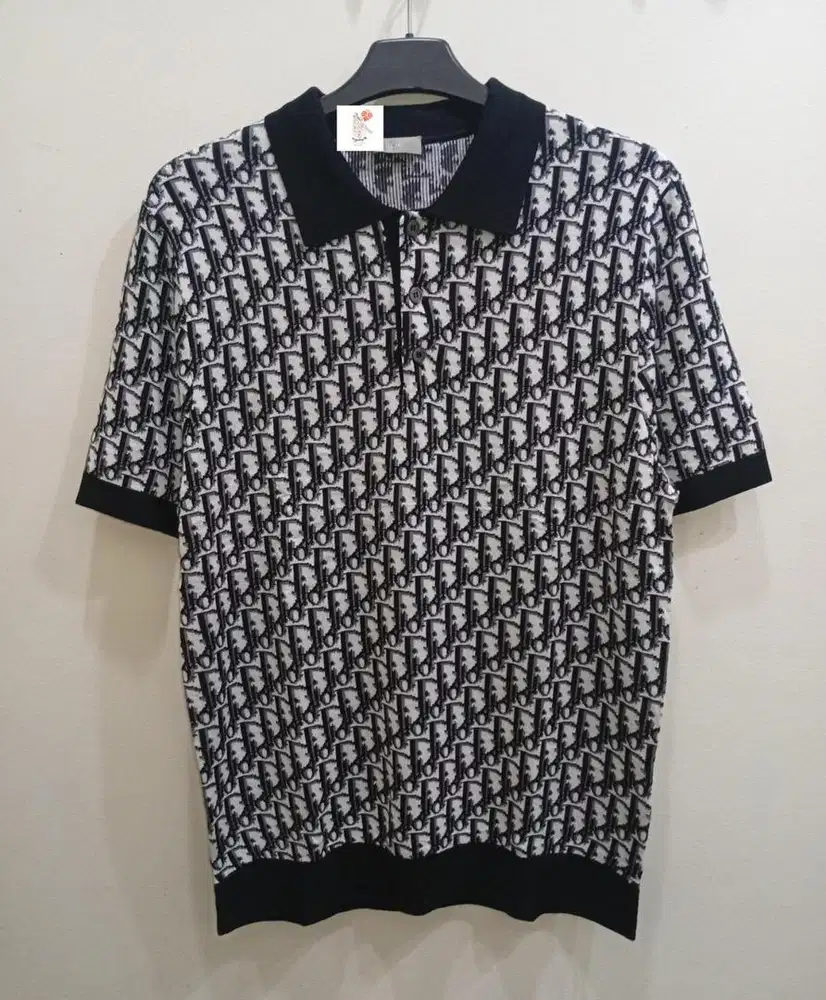 DIOR OBLIQUE POLO SHIRT BEIGE BLUE & BLACK COTTON JACQUARD