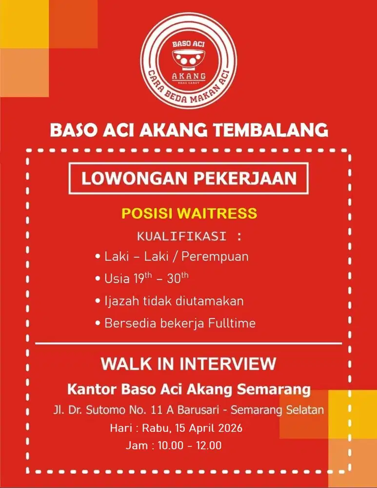 Lowongan Waitress Baso Aci Akang Tembalang