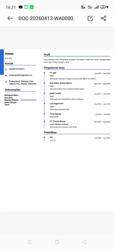 Cari kerja cook , helper