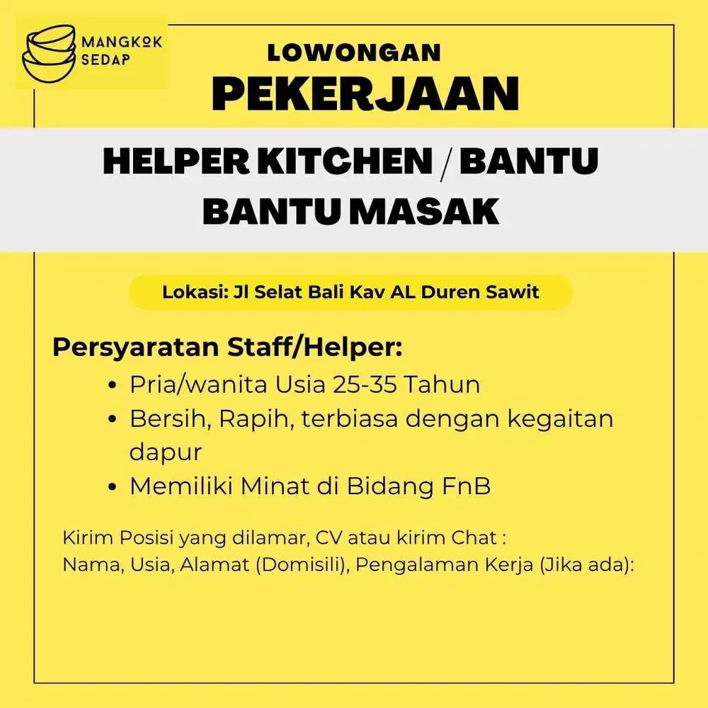 Dibutuhkan Helper/Bantu Bantu masak di Kitchen
