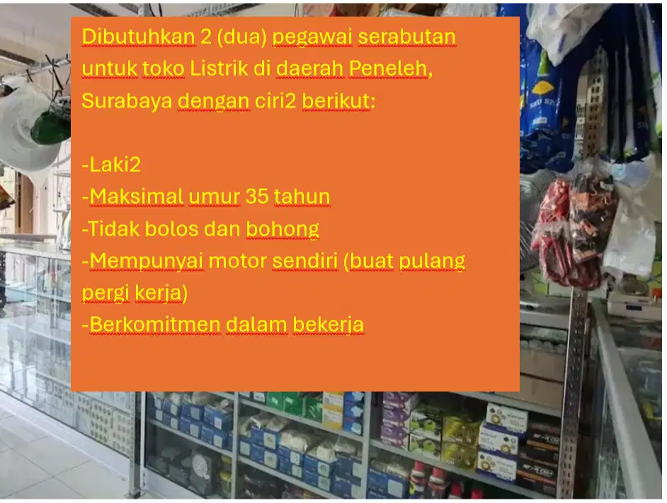 Dibutuh 2 pegawai serabutan untuk toko listrik di daerah Peneleh, SBY