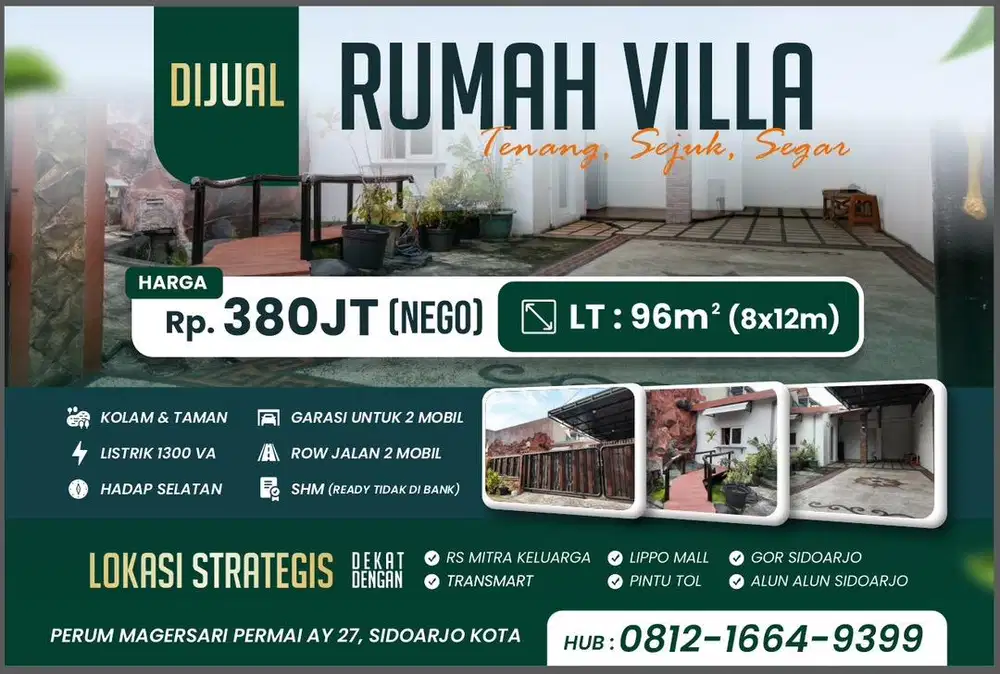 Rumah Konsep Villa harga di bawah Pasar Sidoarjo Kota SHM READY