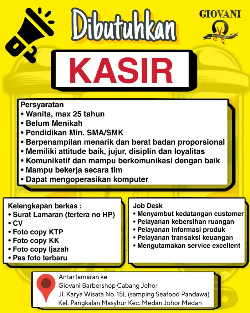 Lowongan Kerja Kasir Giovani Barbershop Johor