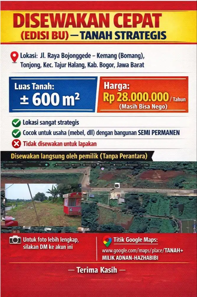 DISEWAKAN CEPAT TANAH BOGOR DEPAN JALAN RAYA