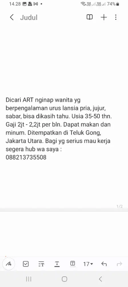 Dicari ART wanita PP atau nginap yg berpengalaman urus lansia pria