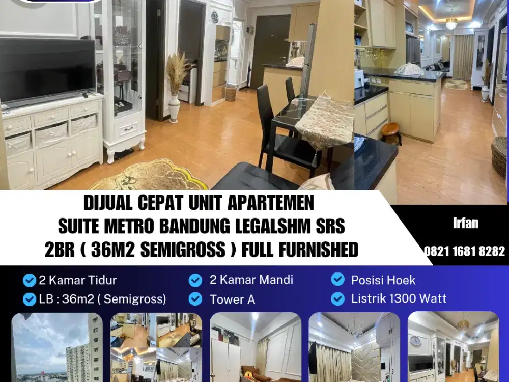 Dijual Cepat Unit Apartemen Suite Metro Bandung Siap Huni,
2 Kamar Tidur, Full Furnished, Legalitas SHM SRS

Strategis mainroad jl.Soekarno-hatta Bandung