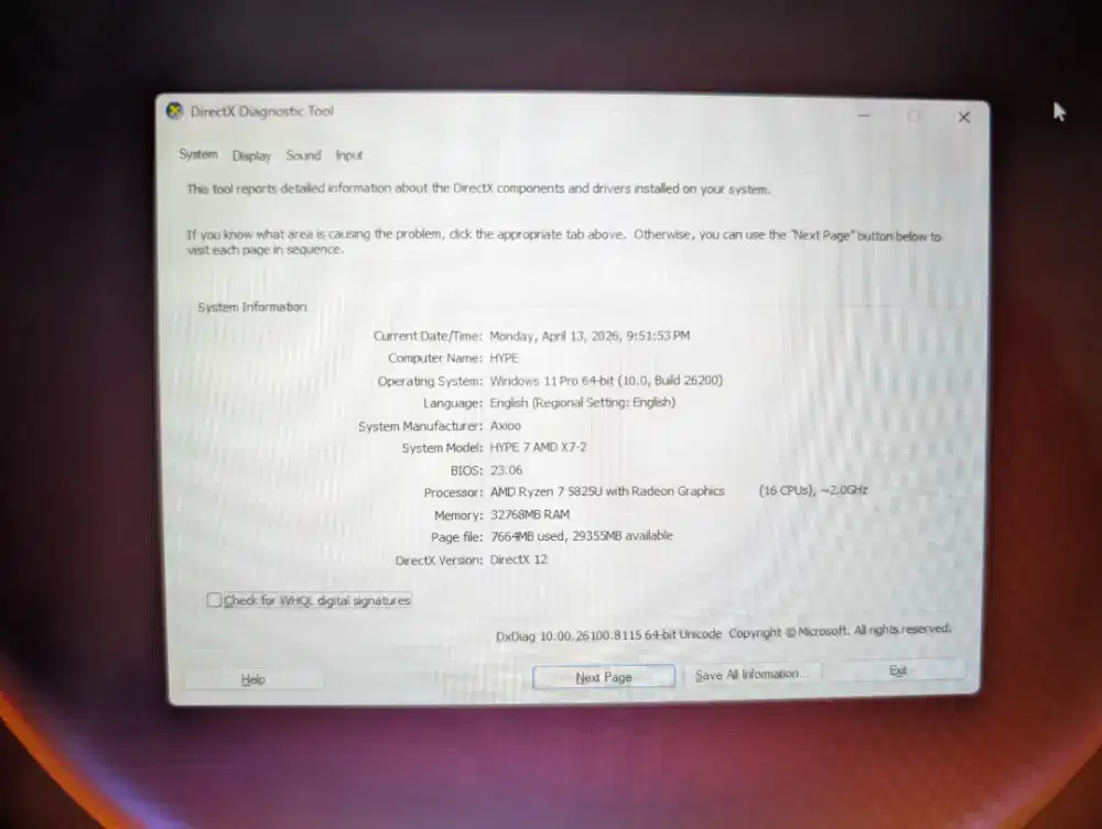 Axioo Hype 7 Amd X7-2 Ryzen 7 Ram 32GB Ssd 1TB Windows 11 14 Inch