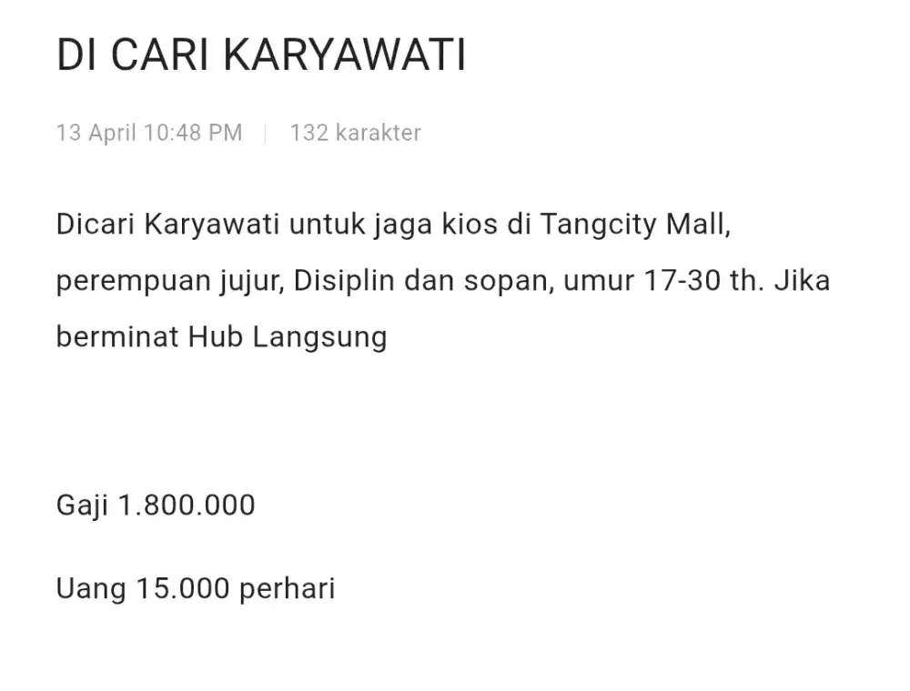 Di cari Karyawati jaga Stand Toko minuman