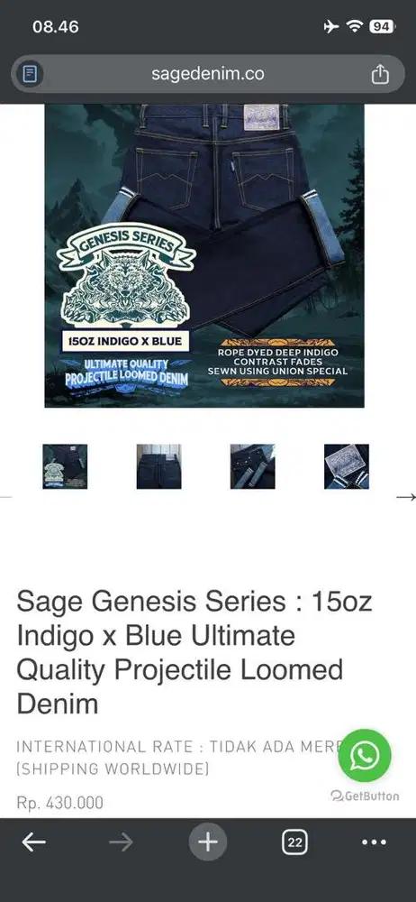 celana denim Sage Genesis Series 15oz Indigo x Blue