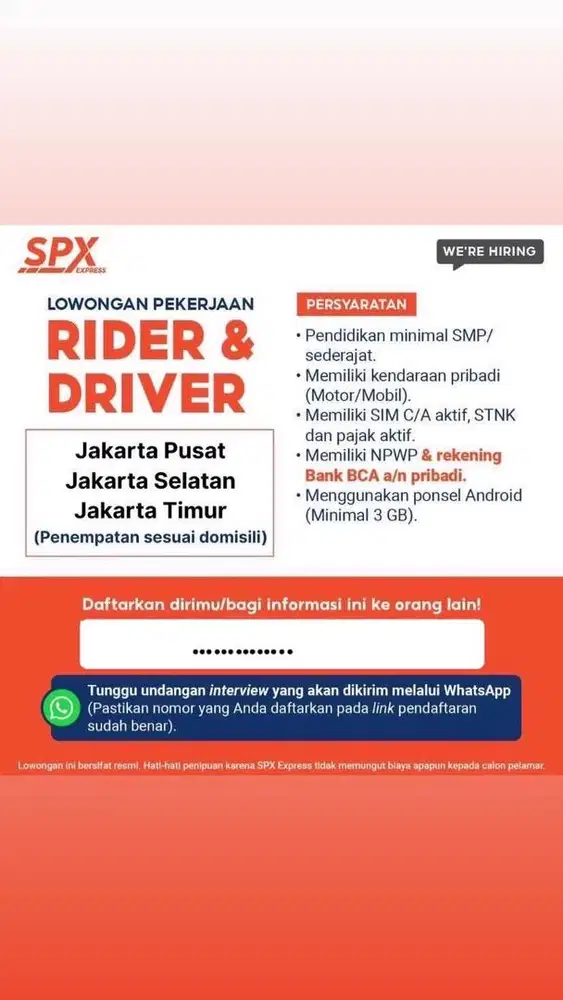 LOWONGAN KERJA SPX EXPRESS KURIR MOTOR DAN KURIR MOBIL