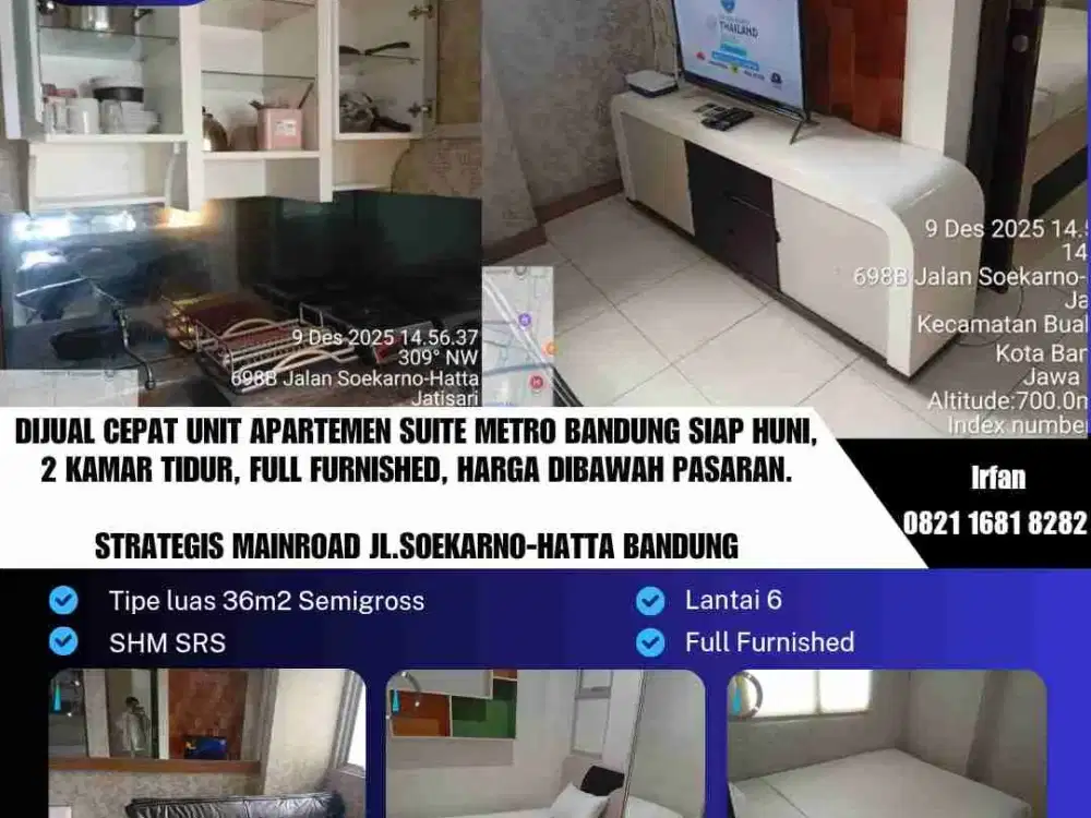 Dijual Cepat Unit Apartemen Suite Metro Bandung Siap Huni, Lantai 6
2 Kamar Tidur, Full Furnished, harga Dibawah Pasaran