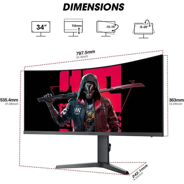 KOORUI 34E6UC Curved Gaming Monitor 21:9 Ultra Wide 165Hz 1ms HDR