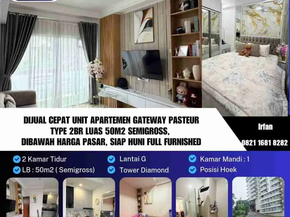 Dijual Cepat Unit Apartemen Gateway Pasteur
Type 2br Luas 50m2 Semigross, 
Dibawah Harga Pasar, Siap Huni Full Furnished