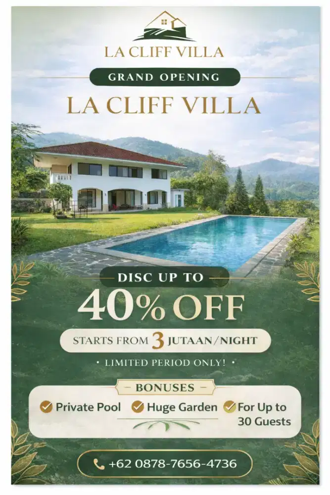 Disewakan VILLA LA cliff villa syariah family only